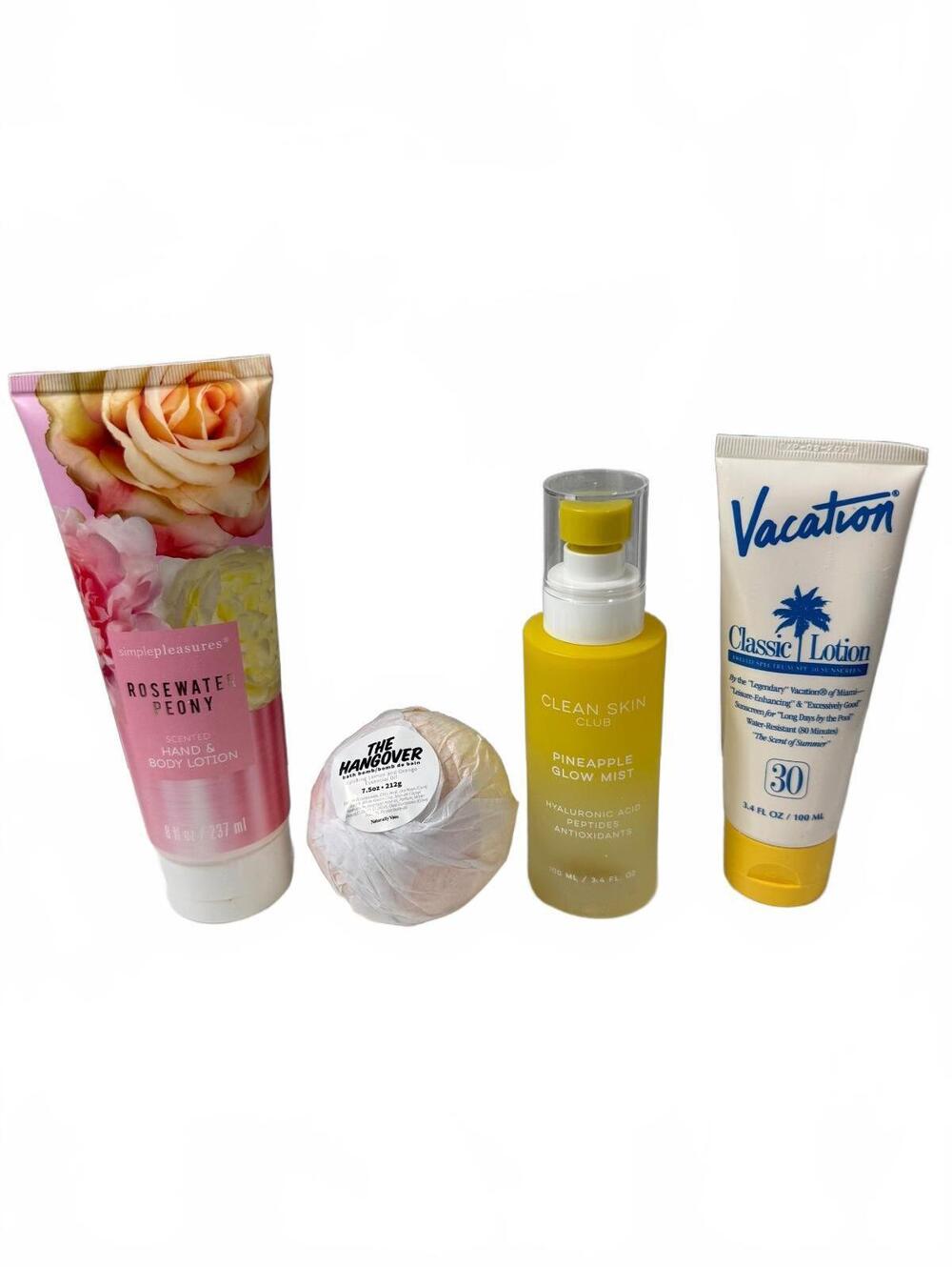 Skincare Bundle: Rosewater Peony Lotion, The Hangover Bath Bomb, Pineapple Glow
